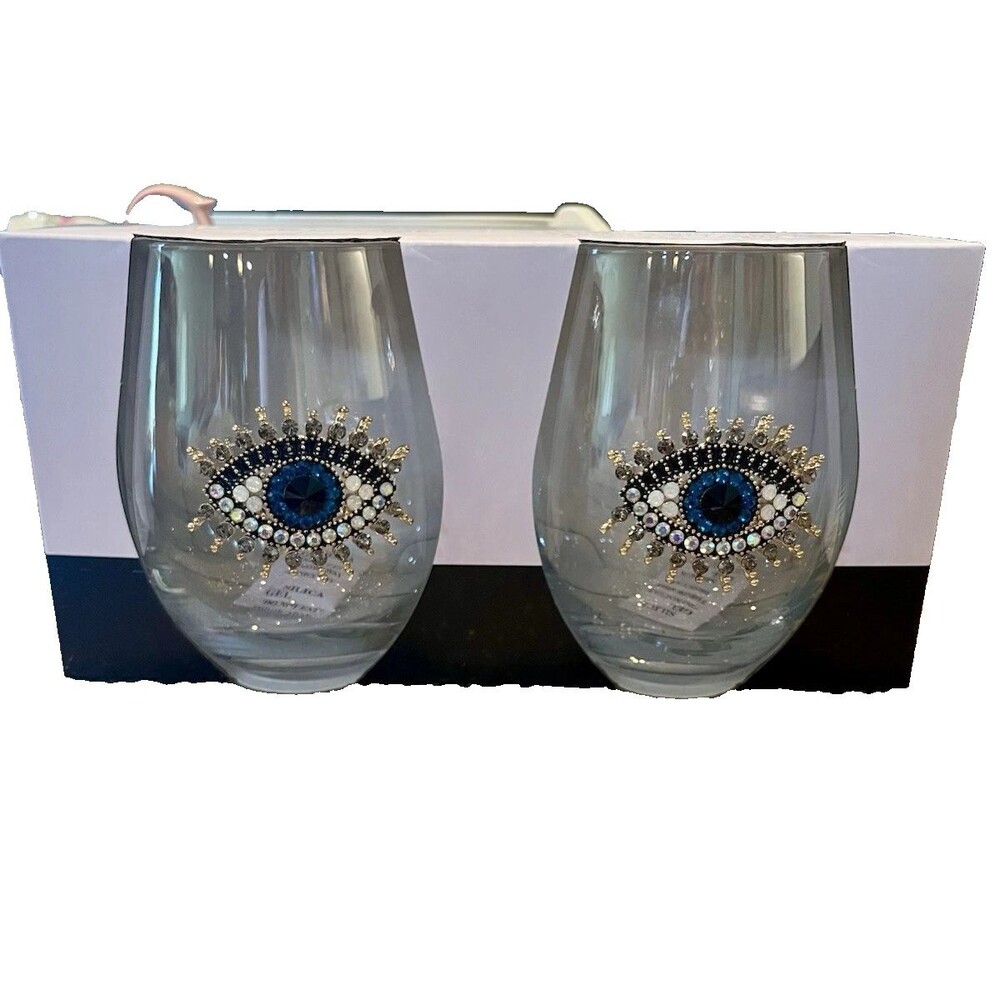 2 RACHEL ZOE HAMSA EVIL EYE JEWEL RHINESTONE STEMLESS WINE GLASSES 18.26 OZ